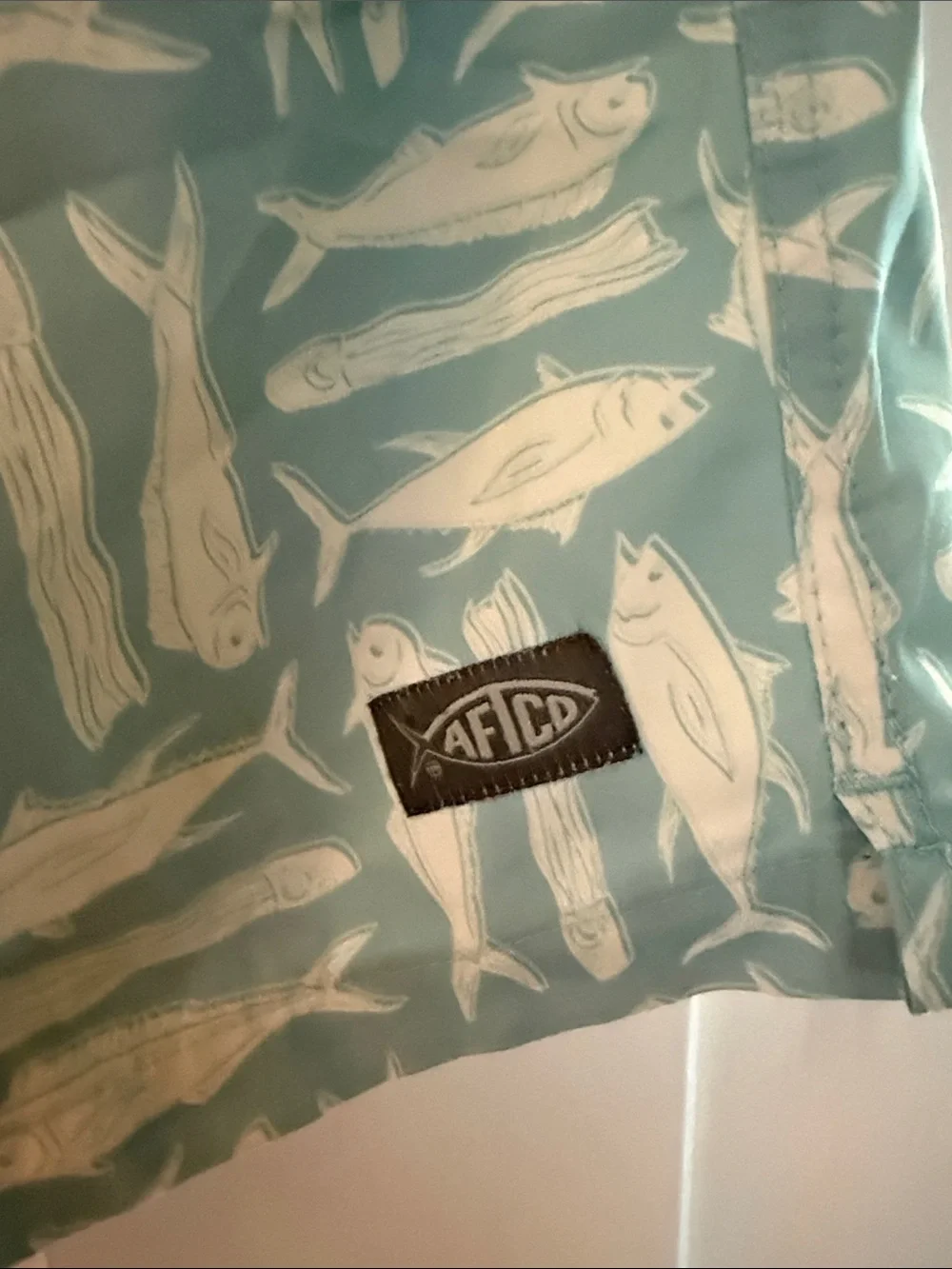 AFTCO Light Blue & White Fish Print Kids Swim Trunks youth XL